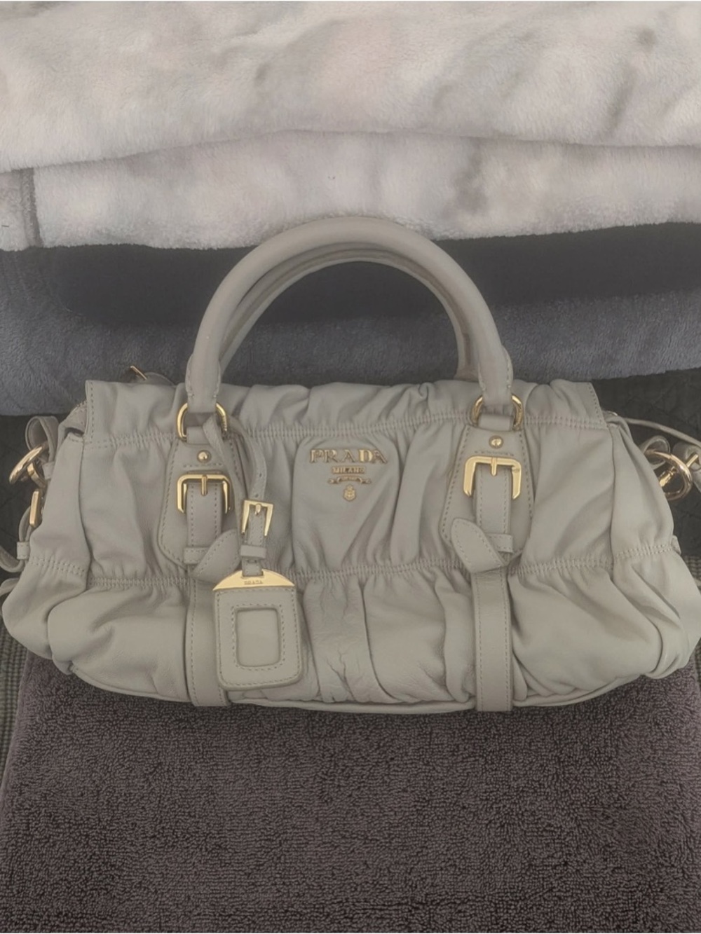 Others Follow Pale Gray Ruched Satchel with Gold Hardware